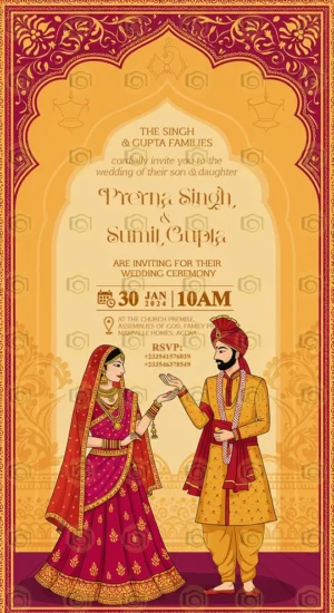 Decorative Indian Marriage Invitation Featuring Classic Caricature Designs And Bright Colors